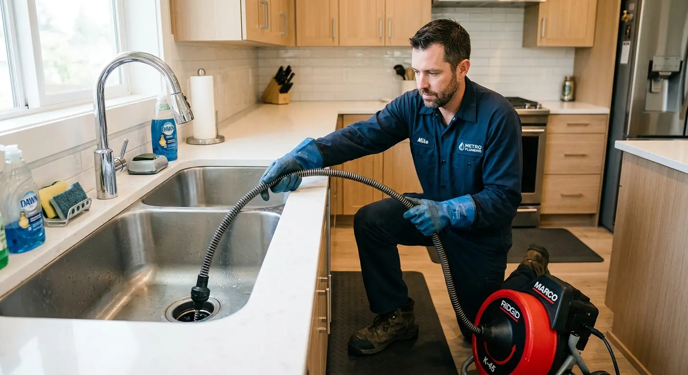 Drain cleaning technician using a motorized snake on a kitchen sink in Dripping Springs