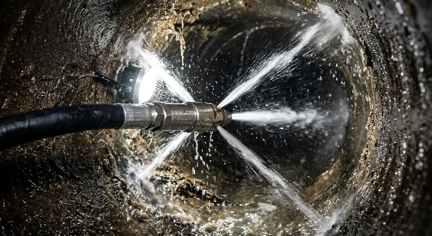 High-pressure hydro jetting nozzle cleaning sewer pipe for Trenchless Sewer Repair in Dripping Springs