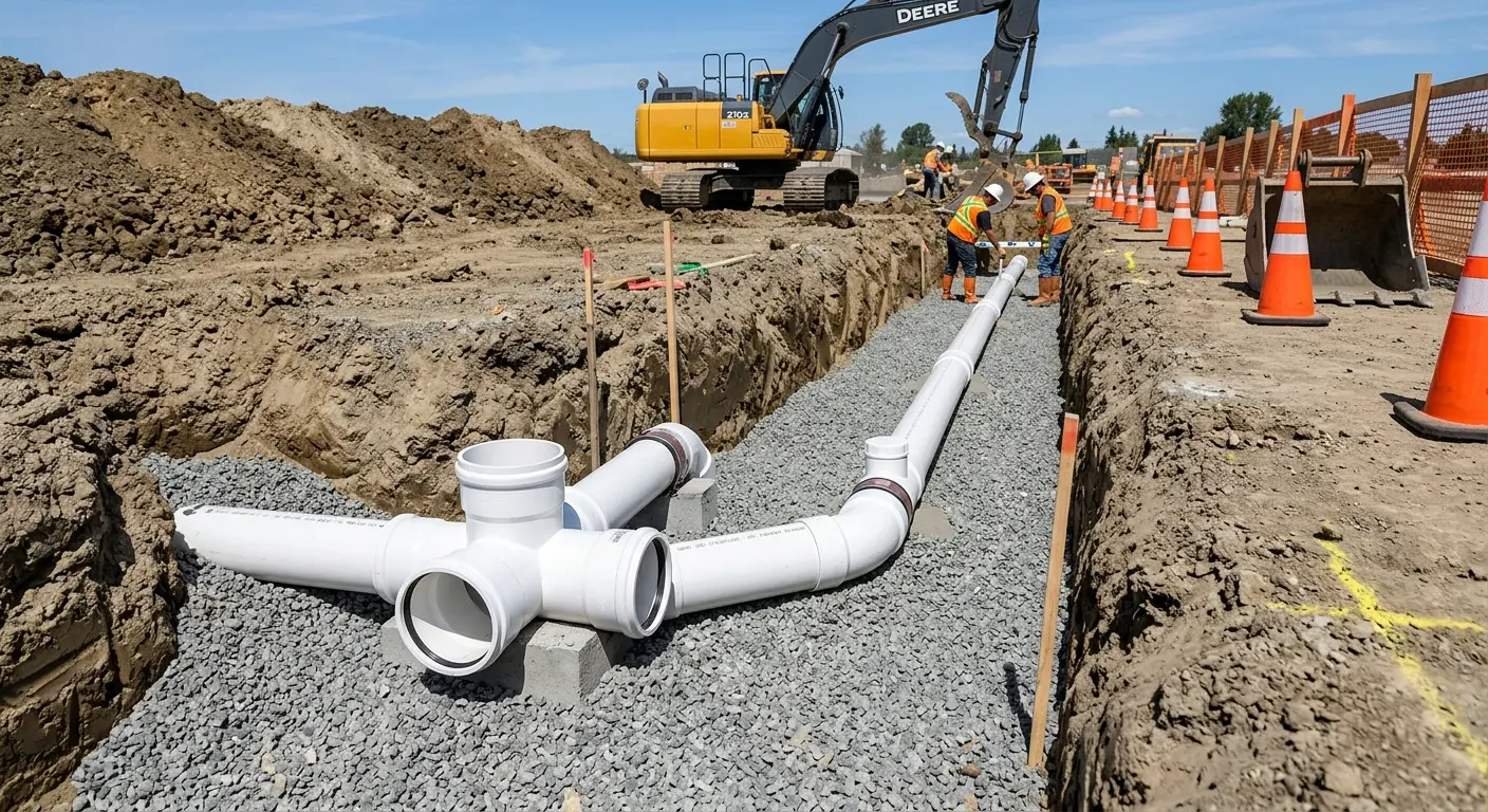 New PVC sewer pipe installation in open trench for Sewer Backup in Dripping Springs