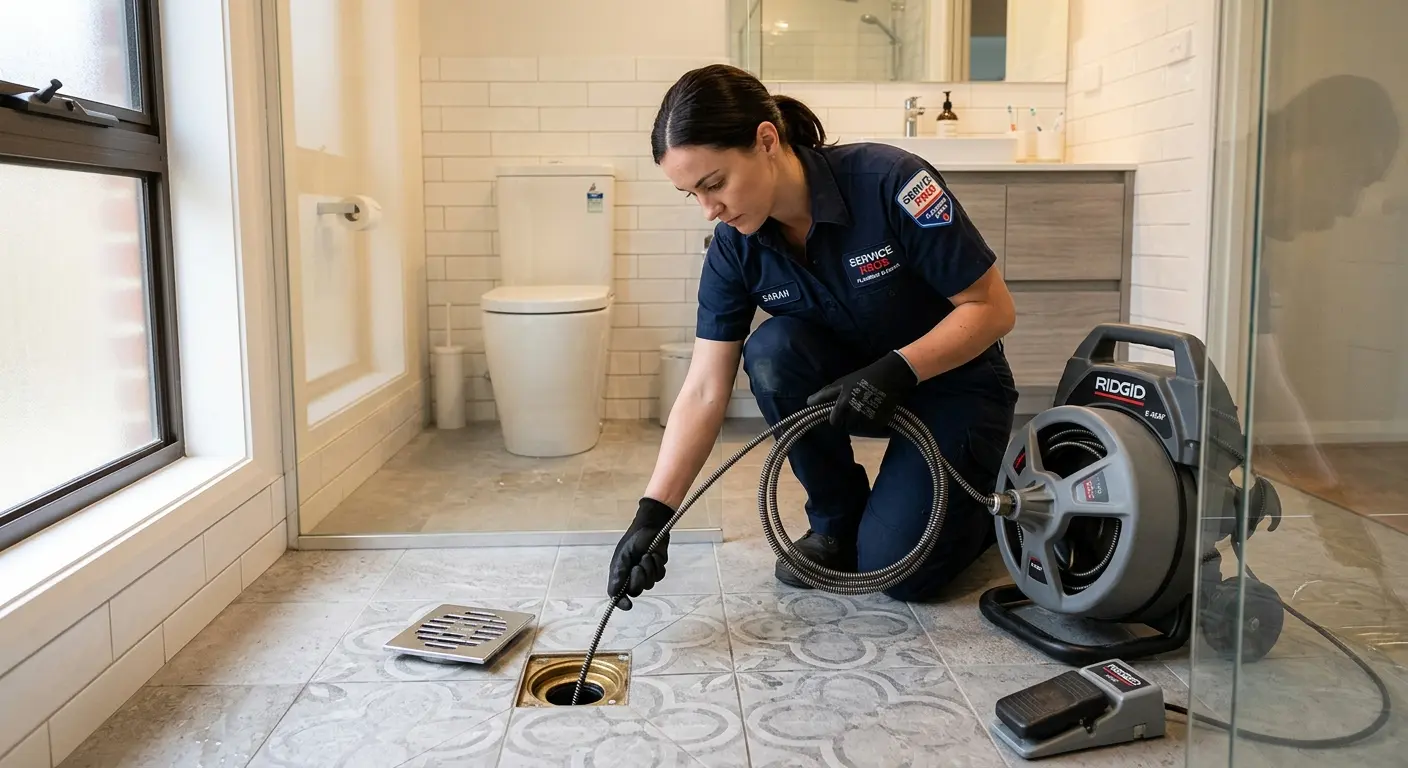 Technician clearing a bathroom floor drain for Clogged Drain Repair in Dripping Springs